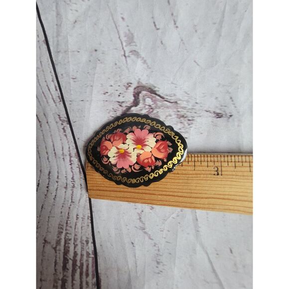 Vintage Hand Painted Russian Floral Black Mourning Brooch Pin Signed 2inches - Picture 6 of 6